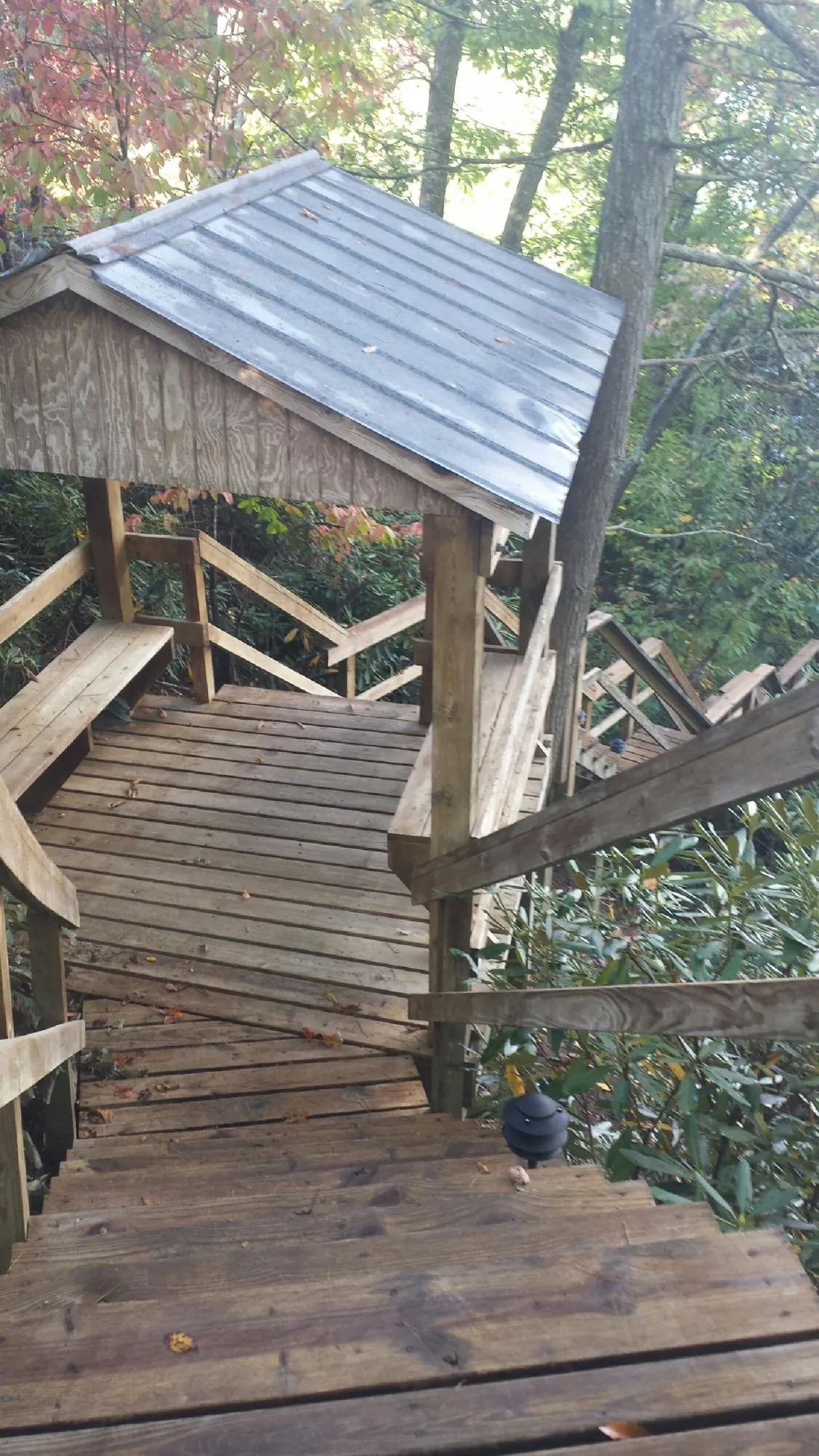 Metal roofed shelter over wooden steps on a wooded walkway — Skylight Repair & Installation work by our crew in Abercrombie